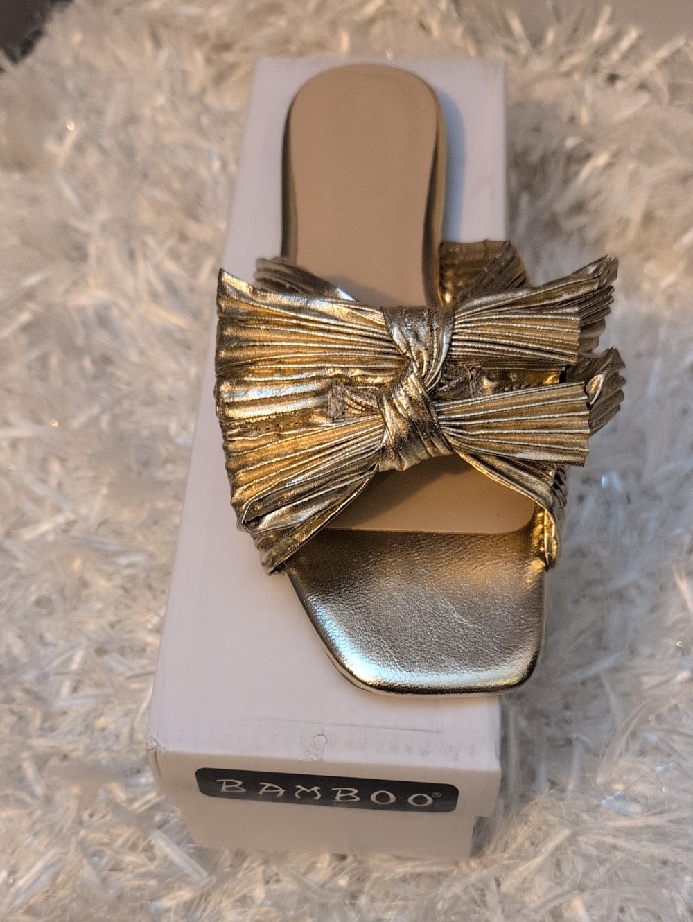 BAMBOO Metallic Gold Bow Slide Sandal